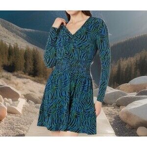 Chic Michael Kors Blue Zebra Print Patterned Wrap Mock Waist  Dress Plus Size 3X